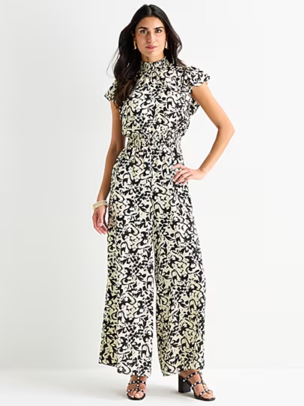 1 State Black & White Print Wide Leg Mock Neck Flutter Sleeve Jumpsuit Size L